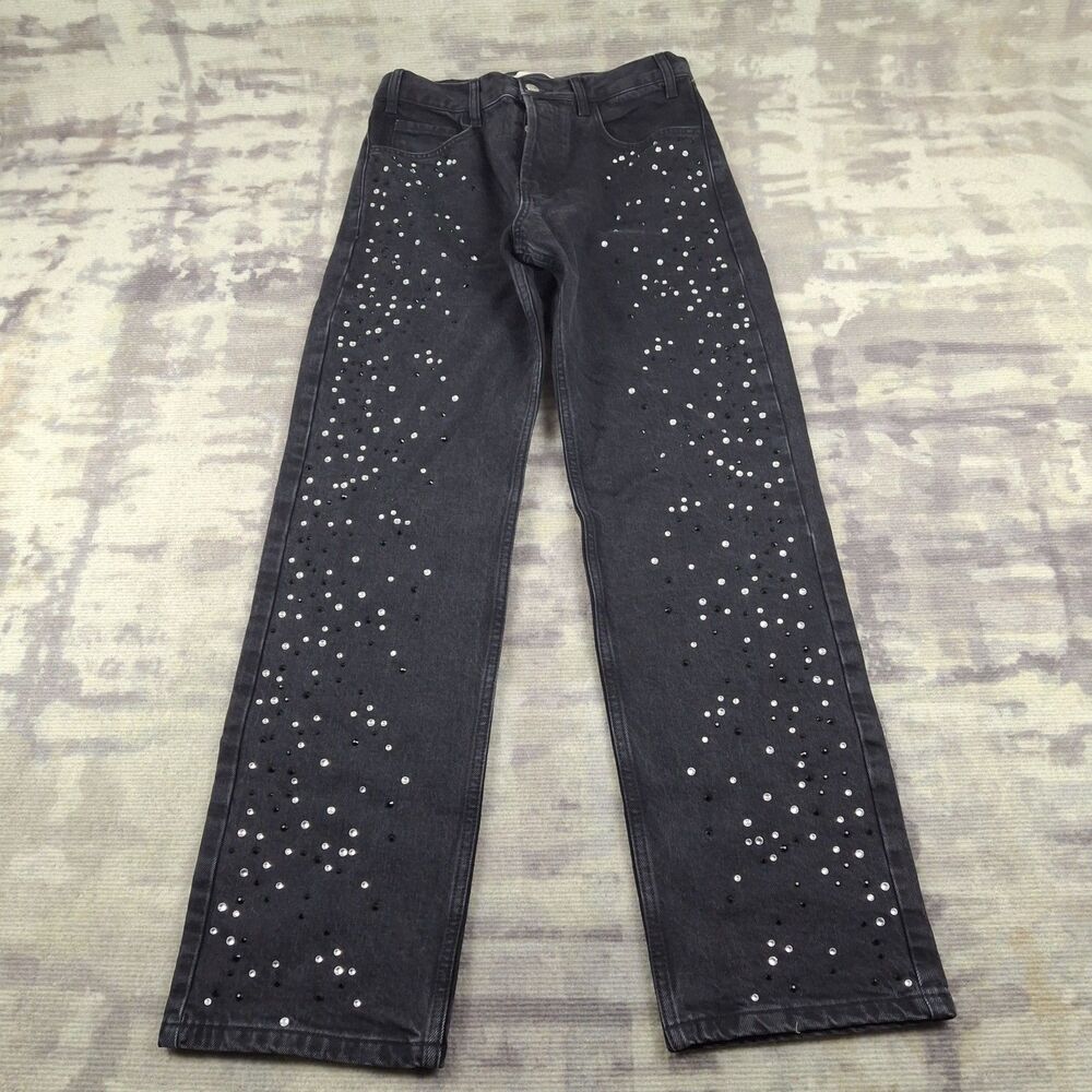 MNG Mango Torrey Womens Rhinestone Wide Leg Jeans Size 6 US 38 Black Studded...